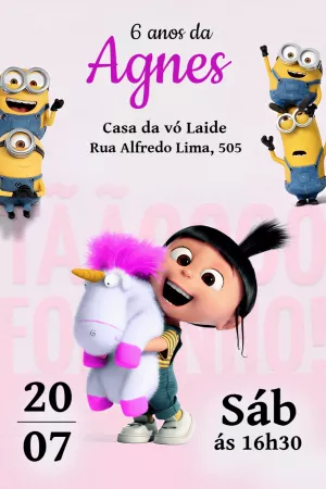 Convite Aniversário Minions Agnes e Unicórnio para Editar