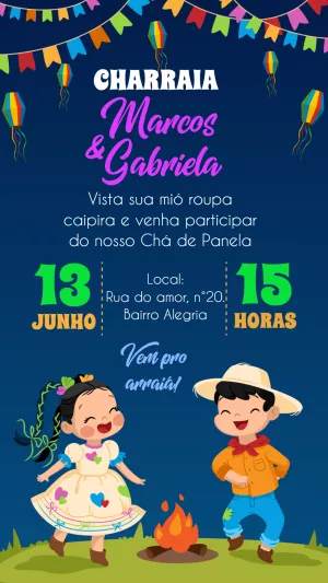 Convite Charraiá Junino com Casal Caipira para Editar Online