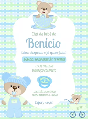 Convite Chá de Bebê Ursinho Azul para Editar Online