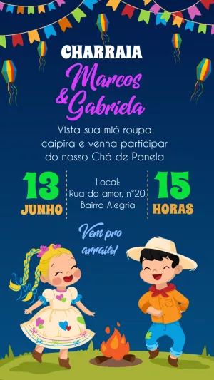 Convite Charraiá Junino com Casal Caipira para Editar Online