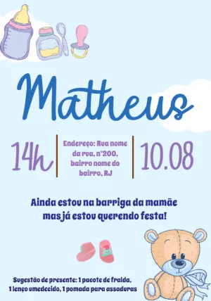 Convite Chá de Fraldas Ursinho Menino para Editar Online