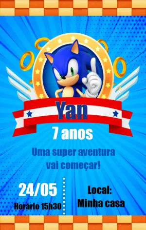 Convite de Aniversário Sonic Editável para Imprimir e Enviar