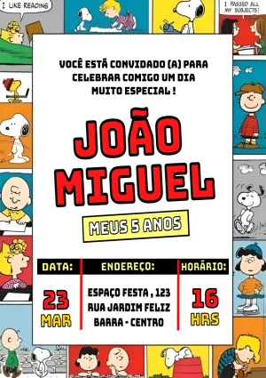 Convite de Aniversário Snoopy e sua Turma Editável Online