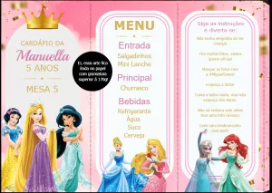 Cardápio de Aniversário Princesas Disney para Editar Online