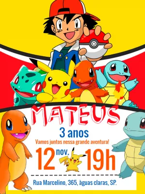 Convite Aniversário Pokémon com Ash e Pikachu para Editar Online