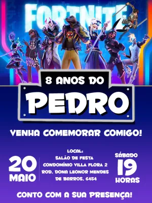 Convite de Aniversário Fortnite com Personagens para Editar Online