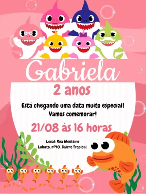 Convite Aniversário Baby Shark Rosa para Editar Online