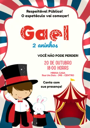 Convite Aniversário Circo com Mágico para Editar Online