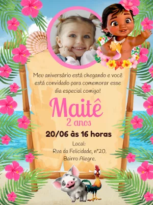 Convite Aniversário Moana Baby com Foto para Editar Online