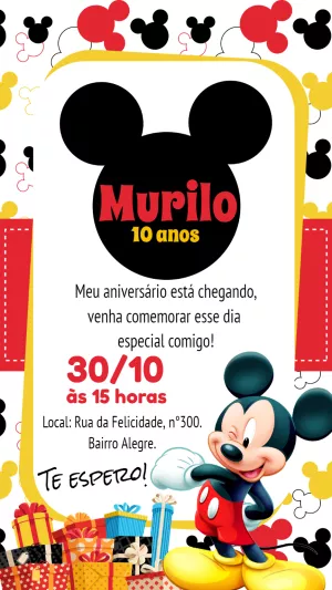 Convite Aniversário Mickey Mouse Clássico para Editar Online