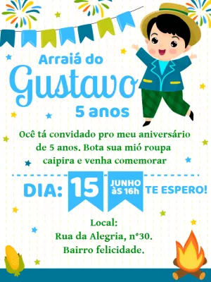 Convite Aniversário Festa Junina Menino Caipira para Editar Online