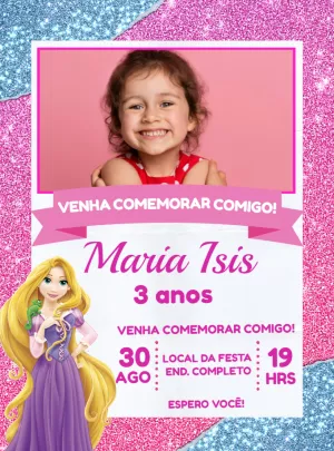 Convite Aniversário Rapunzel com Foto para Editar Online