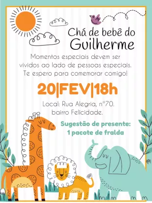 Convite Chá de Bebê Safari com Animais para Editar Online
