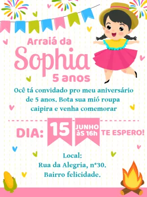 Convite de Aniversário Festa Junina Menina para Editar Online