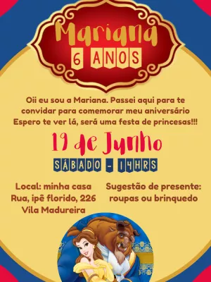 Convite de Aniversário A Bela e a Fera para Editar Online