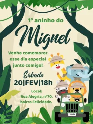 Convite Aniversário Safari com Animais para Editar Online