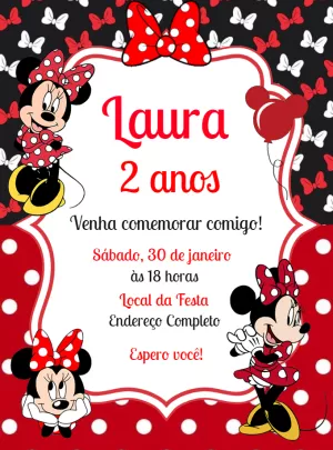 Convite de Aniversário Minnie Vermelha para Editar Online