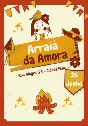 Convite Festa Junina Arraiá com Menina para Editar Online