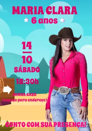 Convite de Aniversário Boiadeira Country para Editar Online