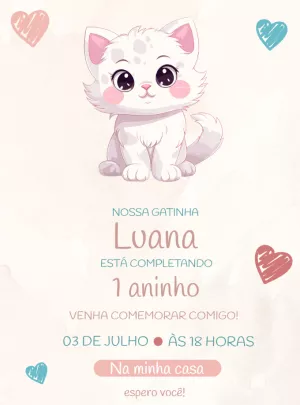 Convite de Aniversário Gatinha Rosa para Editar Online