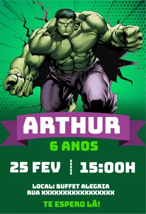 Convite de Aniversário Hulk para Editar e Imprimir