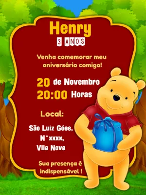 Convite de Aniversário Ursinho Pooh para Editar Online