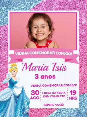 Convite Aniversário Cinderela com Foto para Editar Online