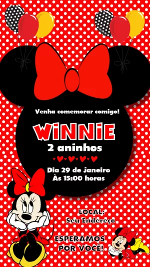 Convite Aniversário Minnie Vermelha para Editar Online