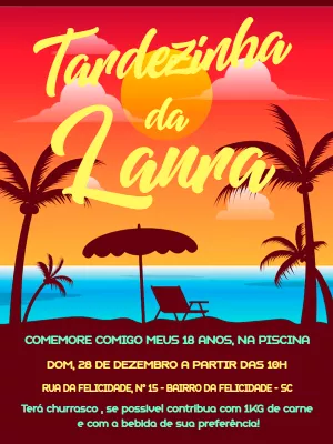 Convite Aniversário Tardezinha com Tema Praia para Editar Online