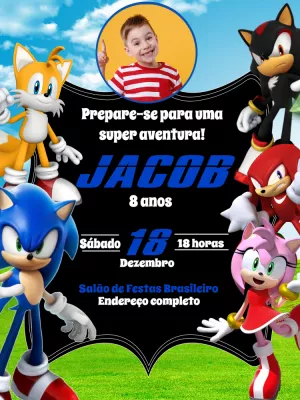Convite Aniversário Sonic com Foto para Editar Online