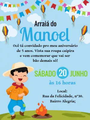 Convite Aniversário Festa Junina Menino para Editar Online