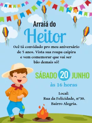 Convite Aniversário Festa Junina com Menino Caipira para Editar