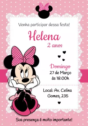 Convite Aniversário Minnie Mouse Rosa com Poá para Editar