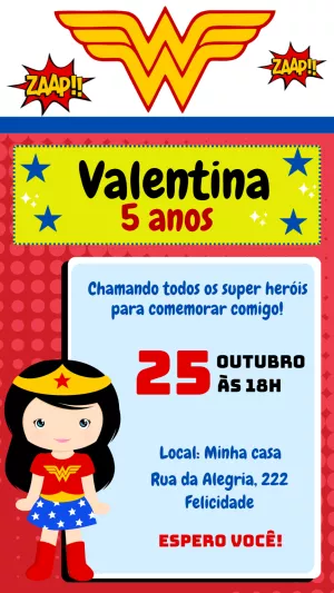 Convite Aniversário Mulher Maravilha Cute para Editar Online