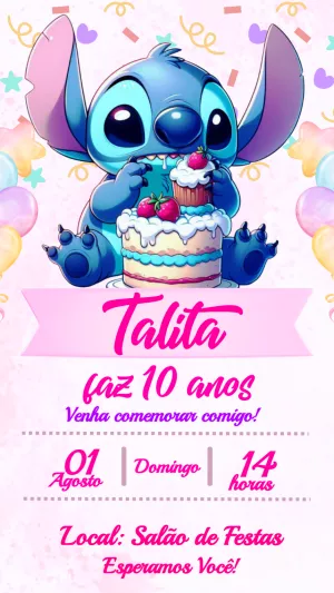 Convite de Aniversário Stitch Fofo para Editar Online