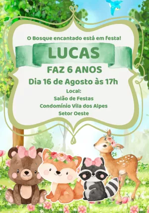 Convite Aniversário Bosque Encantado Aquarela para Editar Online