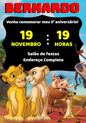 Convite Aniversário Rei Leão com Personagens para Editar Online
