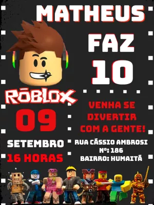Convite de Aniversário Roblox com Personagens para Editar Online