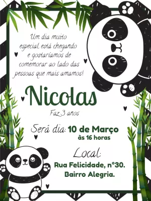 Convite de Aniversário Panda Fofo para Editar Online