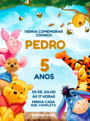Convite de Aniversário Ursinho Pooh e Turma Editável Online