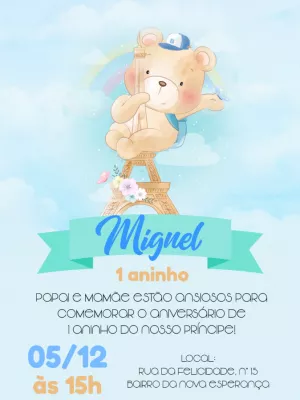 Convite de Aniversário Ursinho Viajante para Editar Online