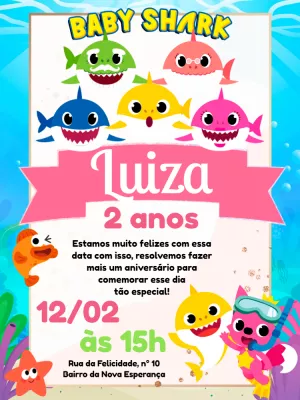 Convite de Aniversário Baby Shark com Personagens para Editar
