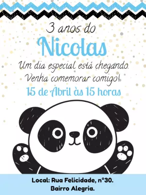 Convite Aniversário Panda Menino para Editar e Imprimir