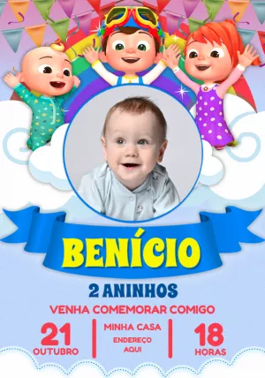 Convite de Aniversário Cocomelon com Foto para Editar Online