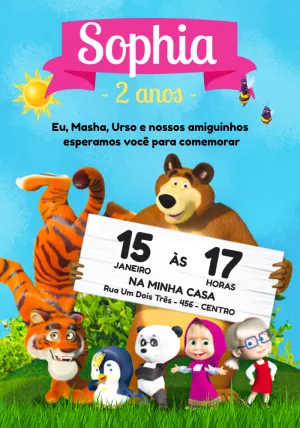 Convite de Aniversário Masha e o Urso com a Turma para Editar