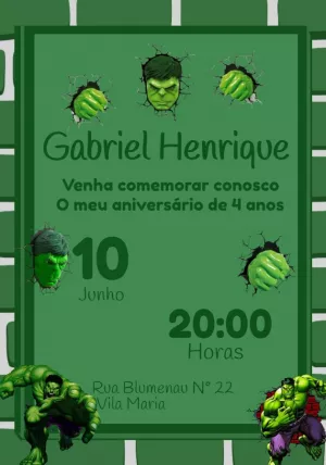 Convite de Aniversário do Hulk para Editar e Enviar Online