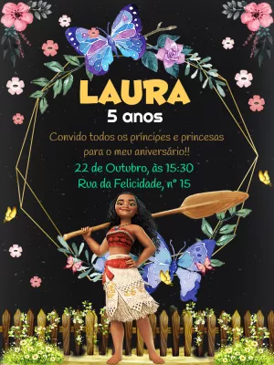 Convite de Aniversário Moana com Borboletas para Editar Online