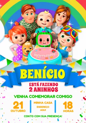 Convite de Aniversário Cocomelon com Personagens para Editar
