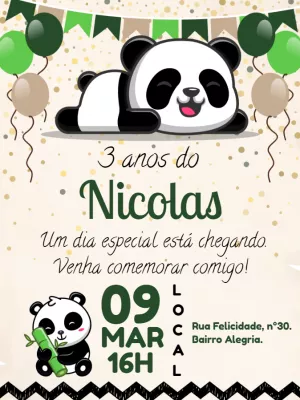 Convite de Aniversário Panda Fofo para Editar Online