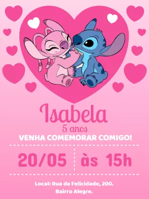Convite de Aniversário Stitch e Angel para Editar Online